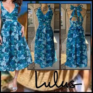 Lulus Teal Blue Floral Organza Midi Bubble Hem Dress Size XXL